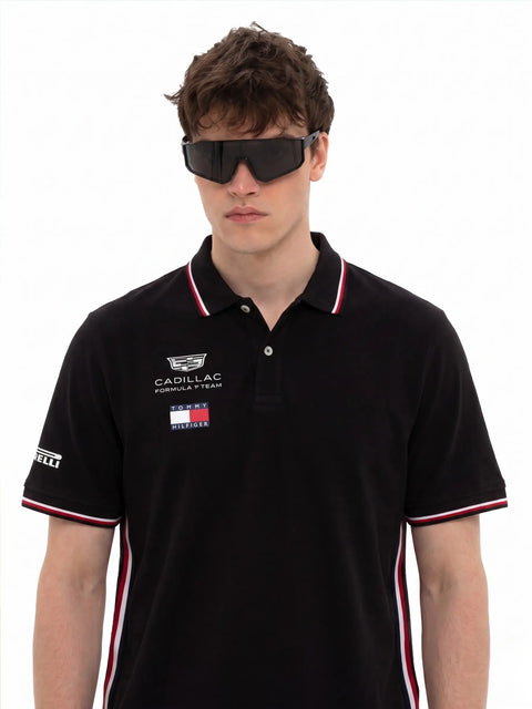 TOMMY F1 CADILLAC PRINTED BLACK POLO T SHIRT