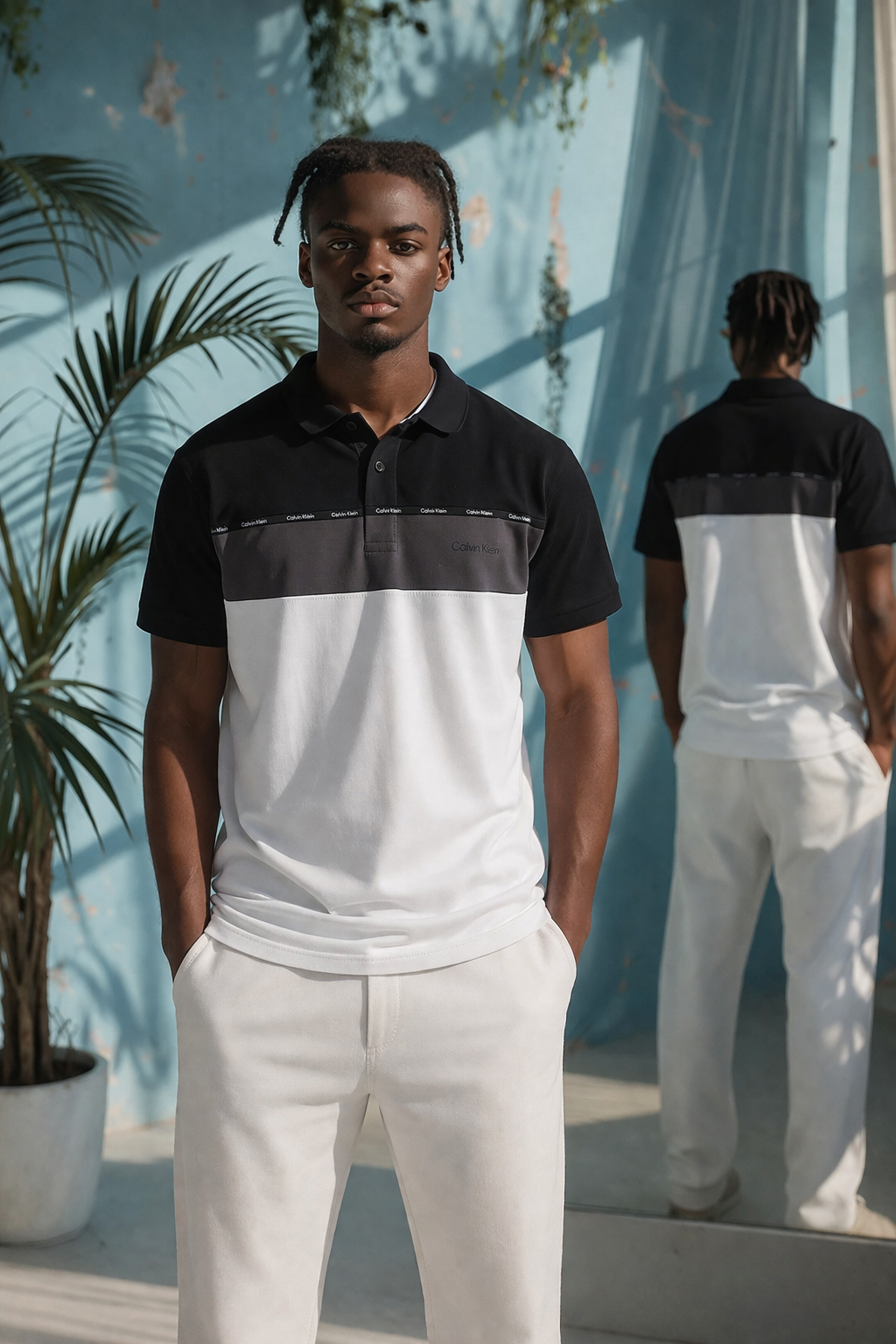 Man wearing a celvin klein black and white striped polo shirt and white pants standing in front of a blue curtain.