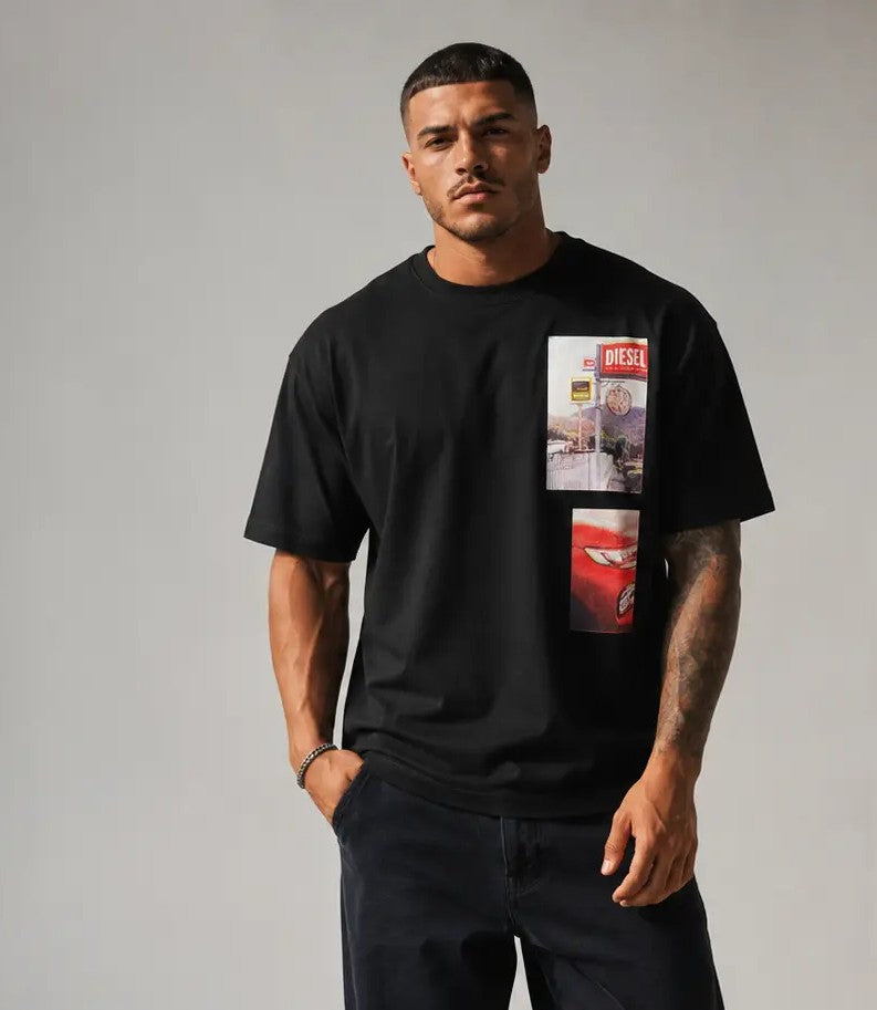DIESEL Black Graphic Round Neck Regular Fit Cotton T-Shirt
